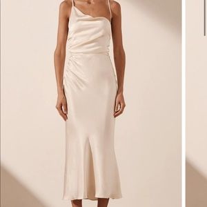 SHONA JOY LA LUNE ASYMMETRICAL BIAS COWL MIDI DRESS - CREAM, SIZE 4